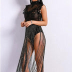 Black Fringe Bodysuit Party Dress