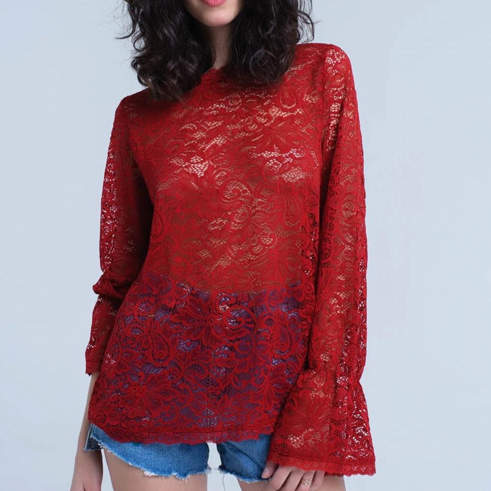 Burgundy Sheer Lace Top with Bell Sleeves