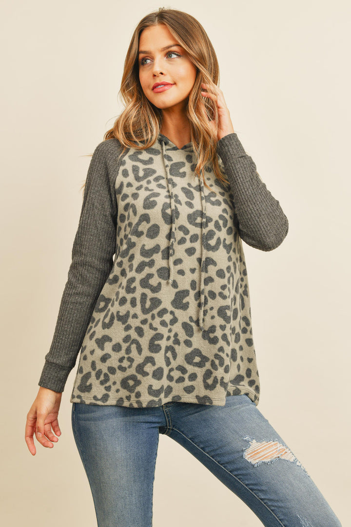 Waffle Sleeve Leopard Drawstring Hoodie