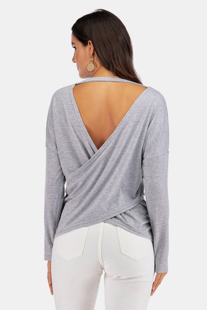 V-Neck Drop Shoulder Open Back Sweater