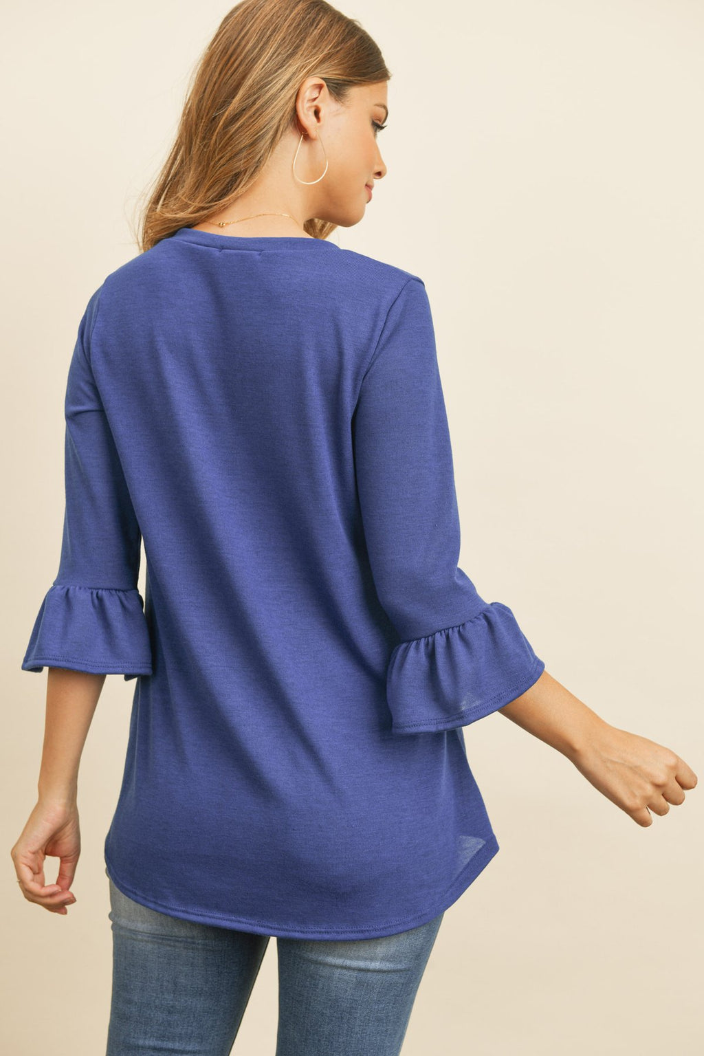Solid Bell Sleeve V-Neck Top
