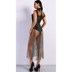 Black Fringe Bodysuit Party Dress