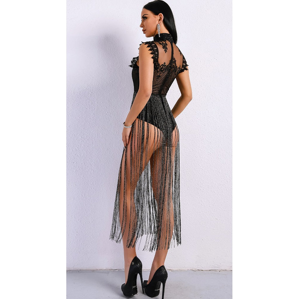 Black Fringe Bodysuit Party Dress
