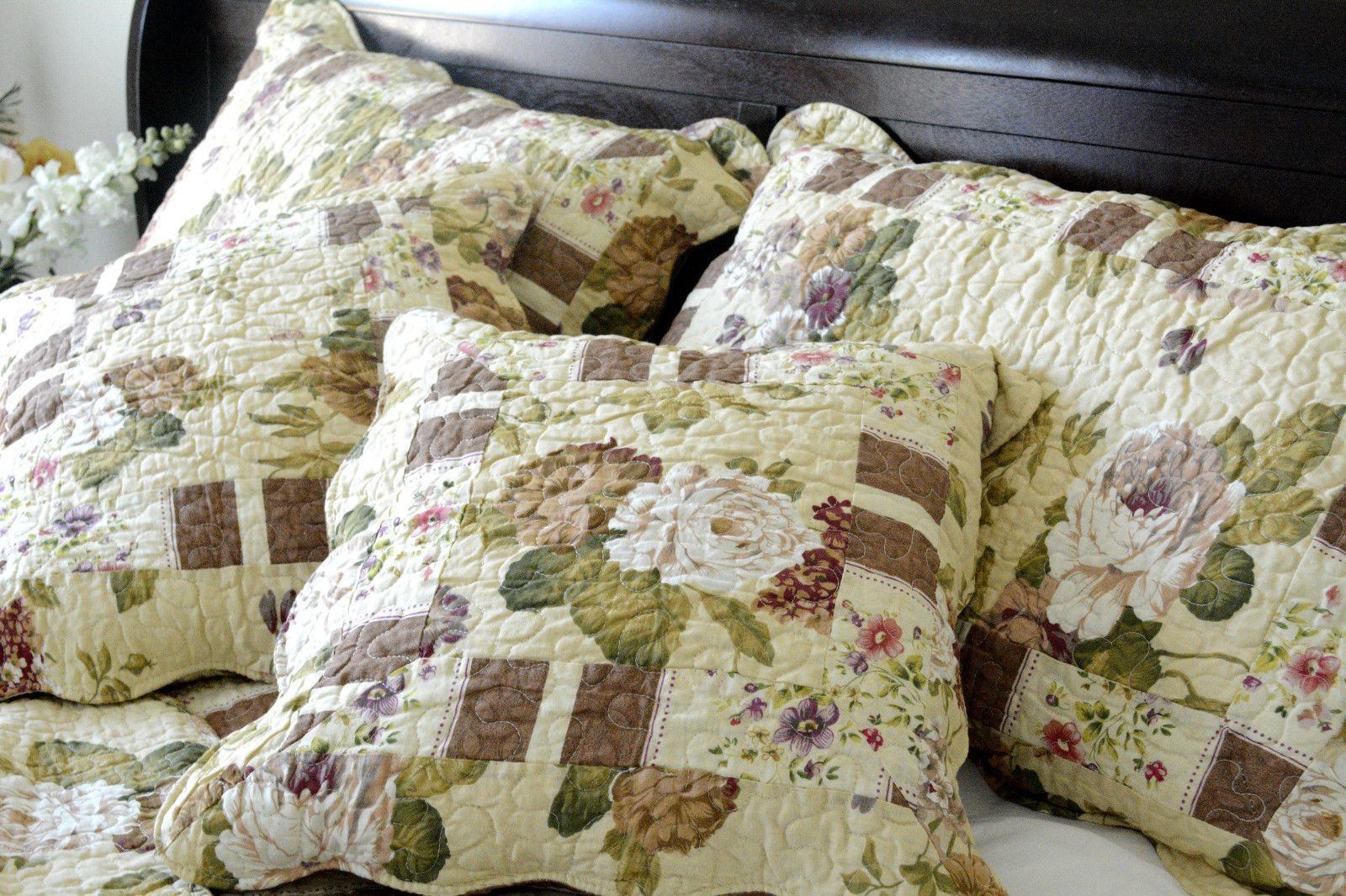 Dusty Roses Garden Floral Patchwork Cotton Quilted Bedspread Set